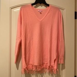 Lilly Pulitzer Coral 3/4 sleeve fringed hem Cashmere Sweater
